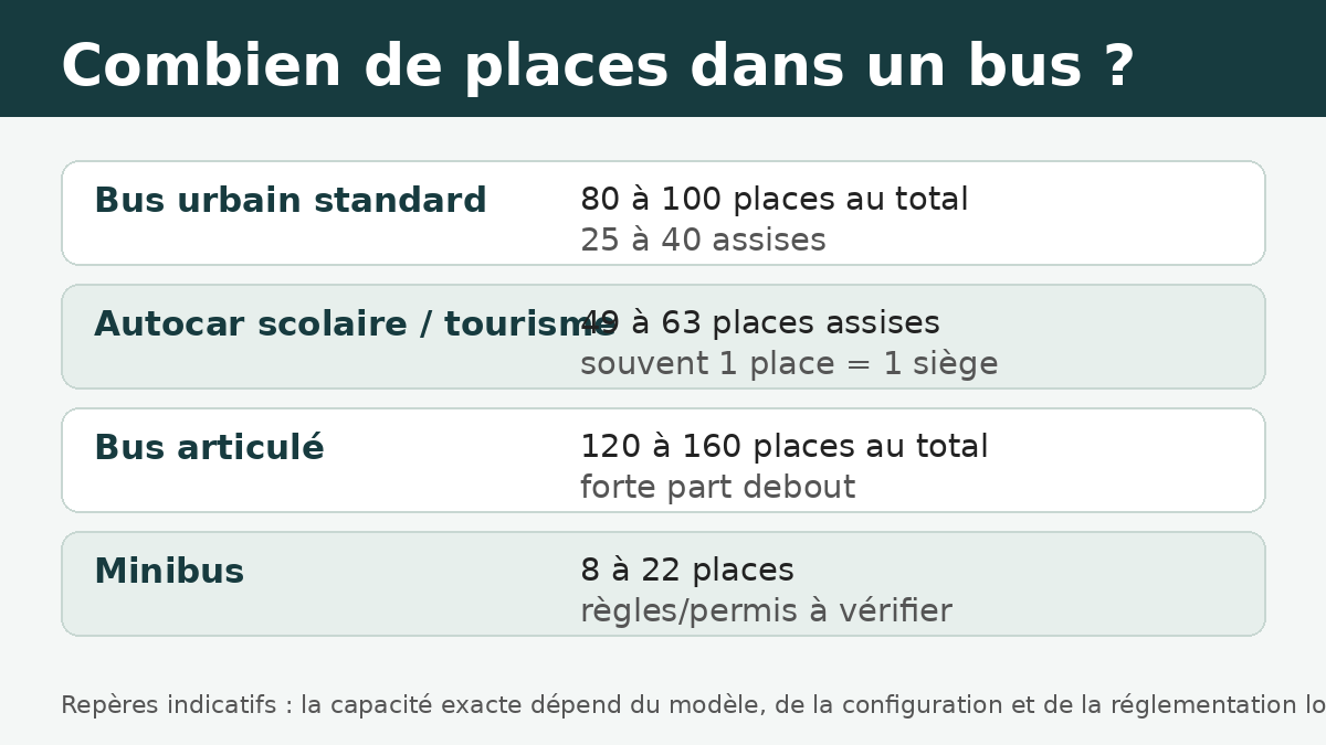 Tableau récapitulatif du nombre de places dans un bus selon le type de véhicule