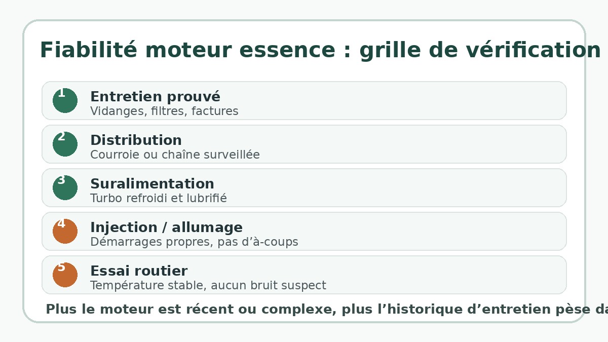 Grille de vérification pour évaluer la fiabilité d’un moteur essence