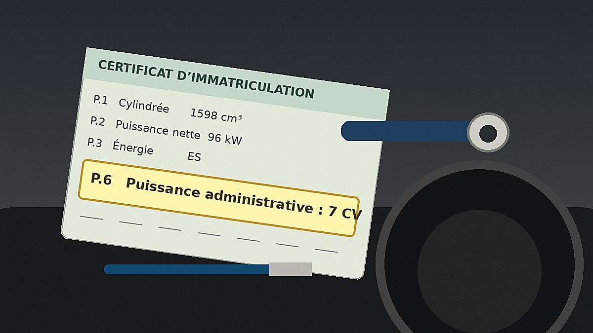 Carte grise dans une voiture avec la case P.6 puissance fiscale mise en évidence