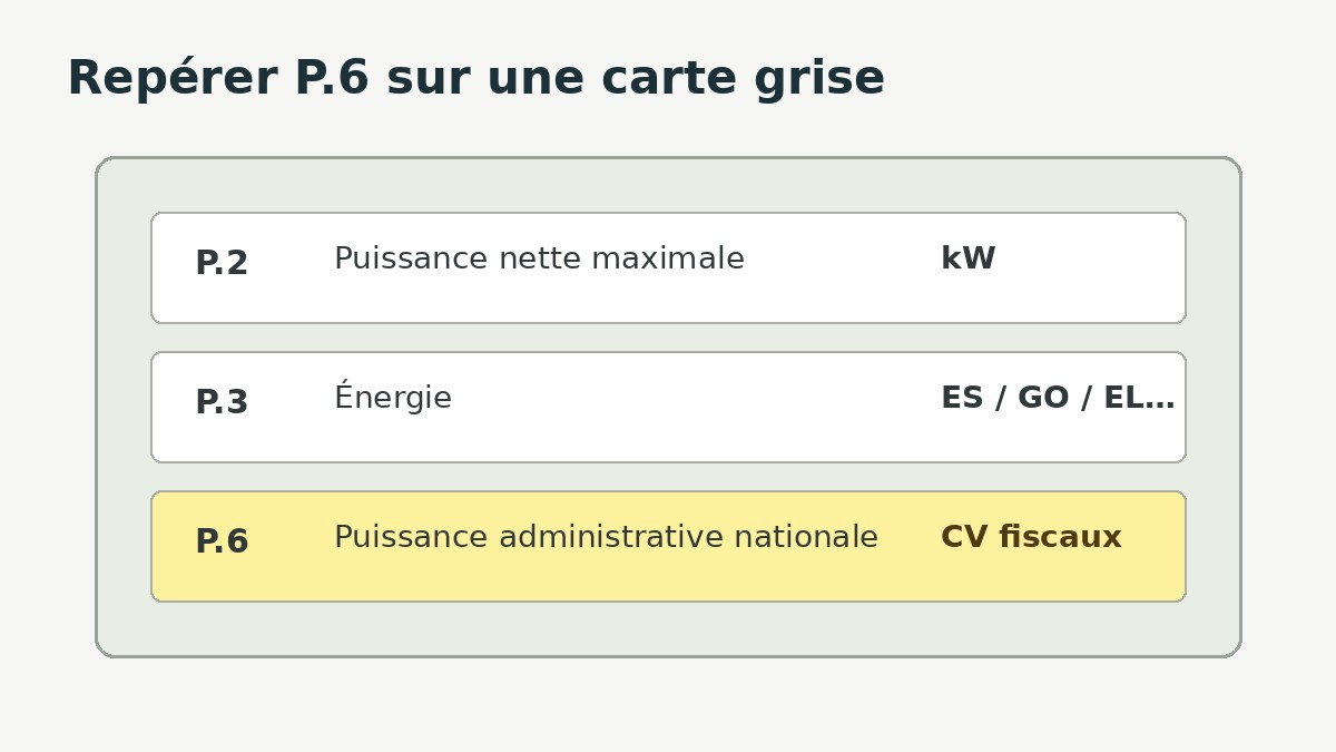 Repère visuel des cases P2 P3 et P6 sur une carte grise posée dans une voiture