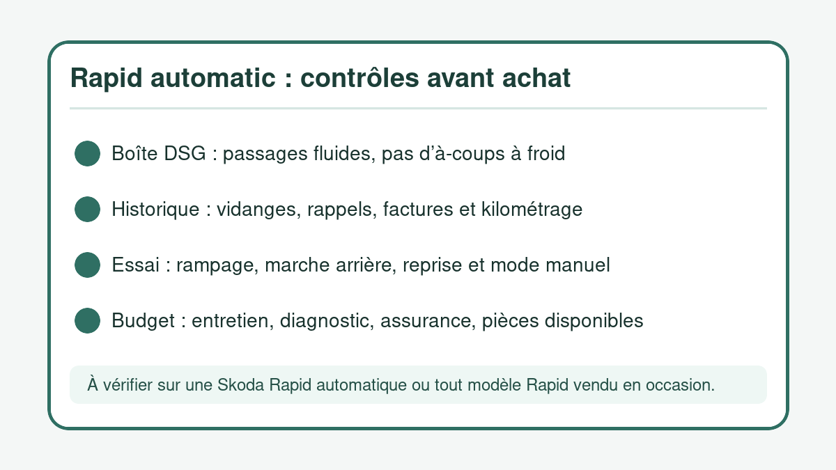 Checklist visuelle des contrôles à faire avant d’acheter une Rapid automatic
