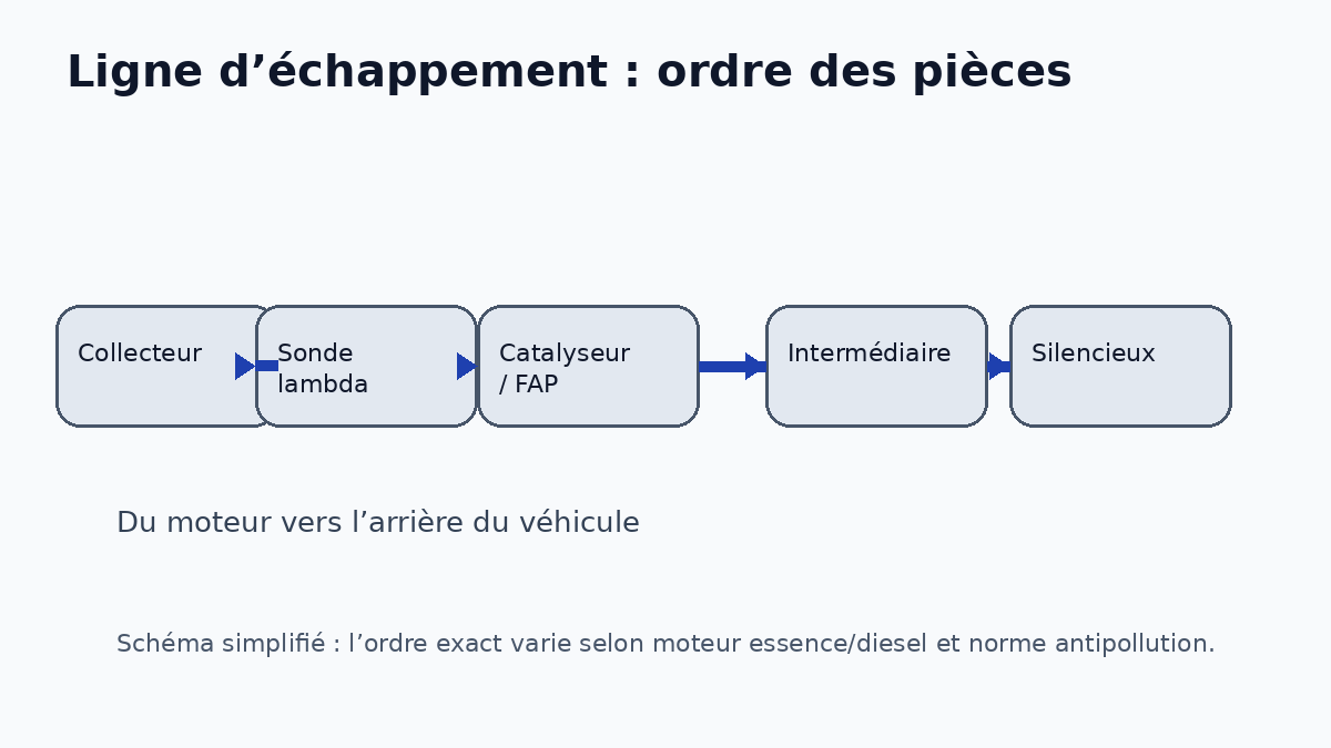 Schéma simplifié des pièces d’une ligne d’échappement voiture : collecteur, sonde lambda, catalyseur, intermédiaire et silencieux
