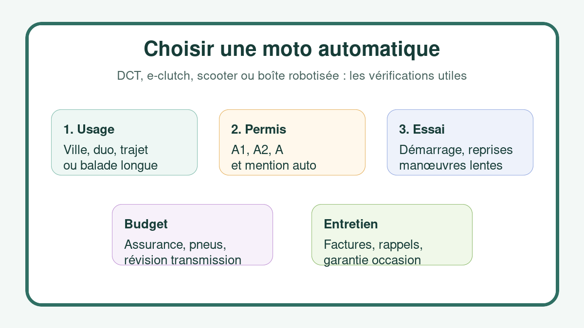 Checklist pour choisir une moto automatique selon permis, usage, essai, budget et entretien