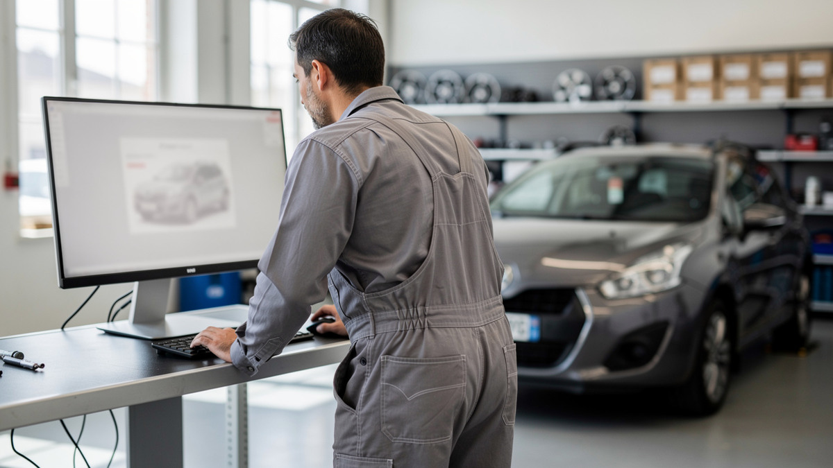 Mécanicien consultant une plateforme professionnelle de pièces automobiles dans un atelier