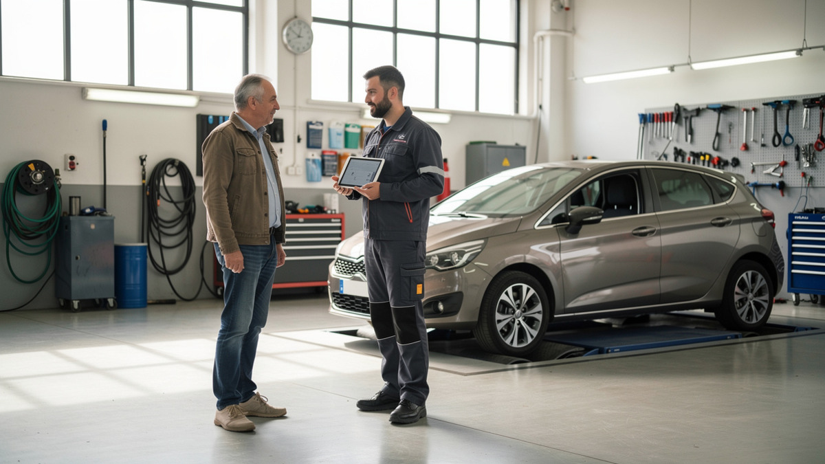 Client et mécanicien discutant dans un atelier automobile avant une intervention