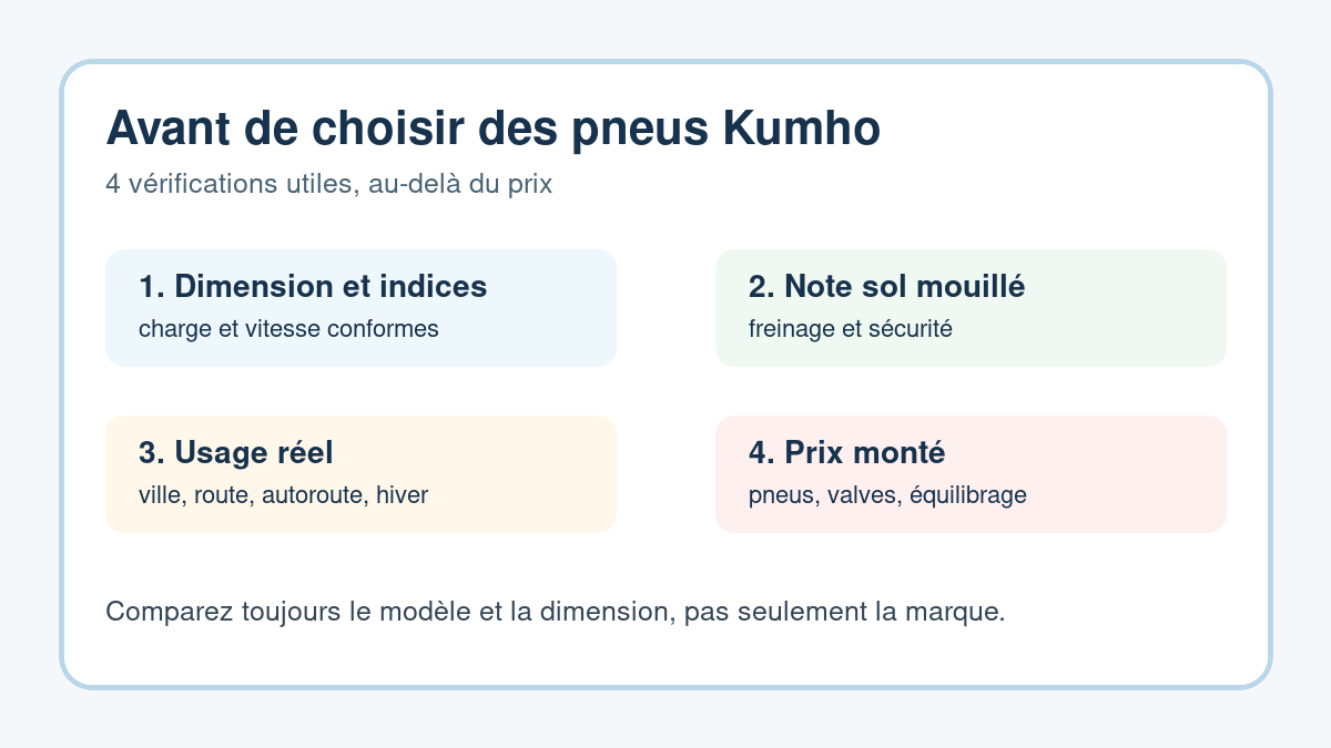Checklist pour choisir des pneus Kumho selon la dimension, l’adhérence sur sol mouillé et l’usage