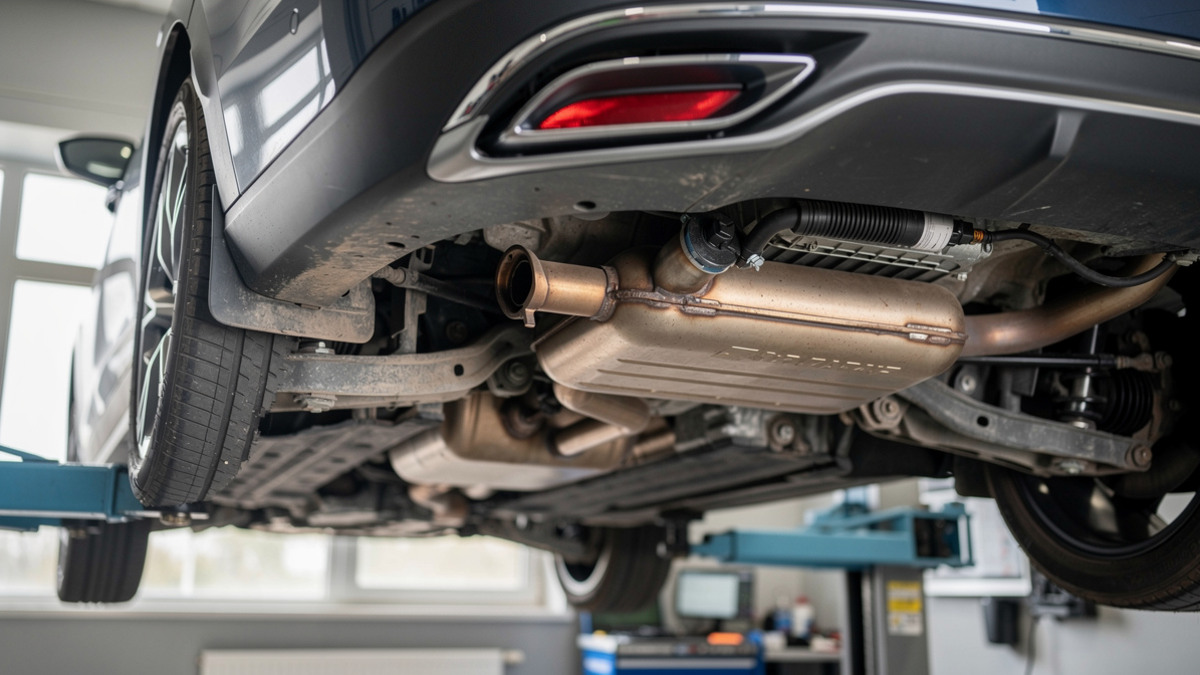 Dessous d’une voiture diesel sur pont élévateur, illustrant le système FAP et son additif