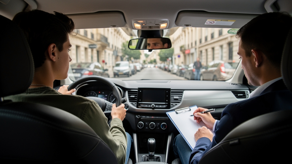 Candidat au permis de conduire au volant pendant l’évaluation avec un examinateur