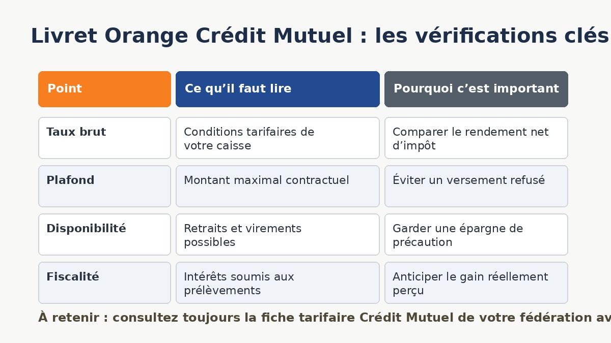 Tableau de vérification du taux, du plafond et de la fiscalité du Livret Orange Crédit Mutuel