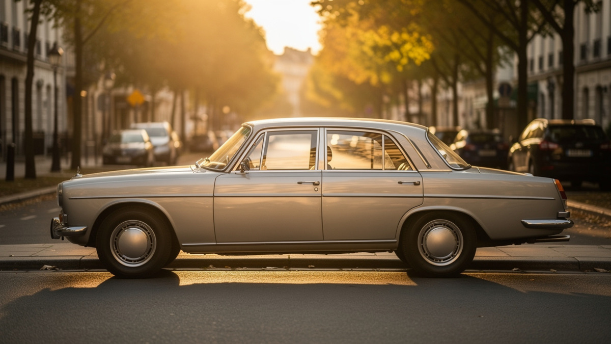 Voiture classique sans logo sur une avenue urbaine, pour illustrer les marques de voiture en E
