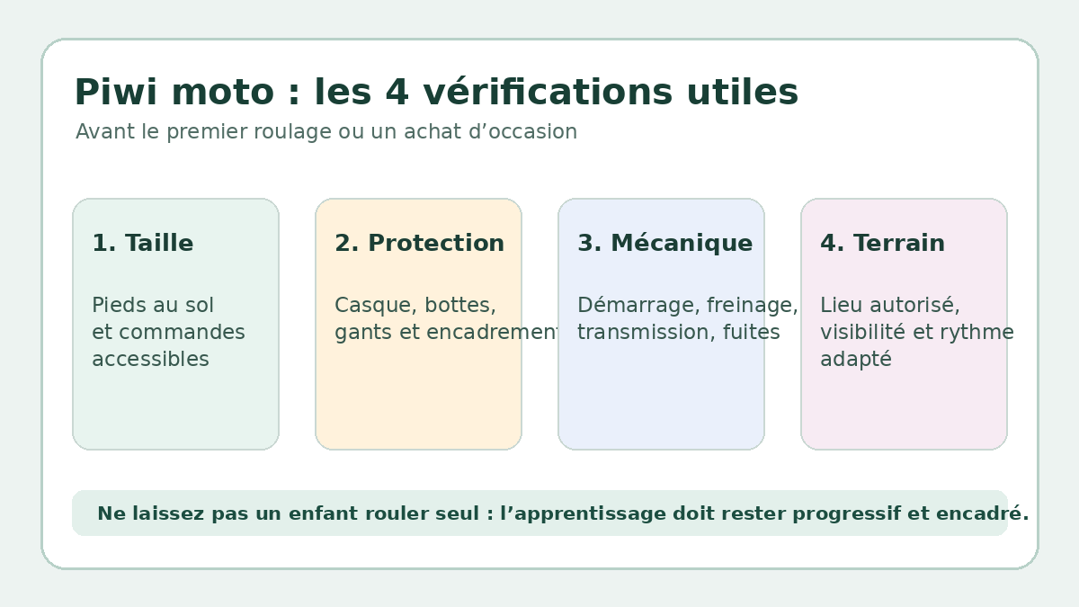 Les quatre vérifications utiles avant qu’un enfant roule avec une Piwi moto