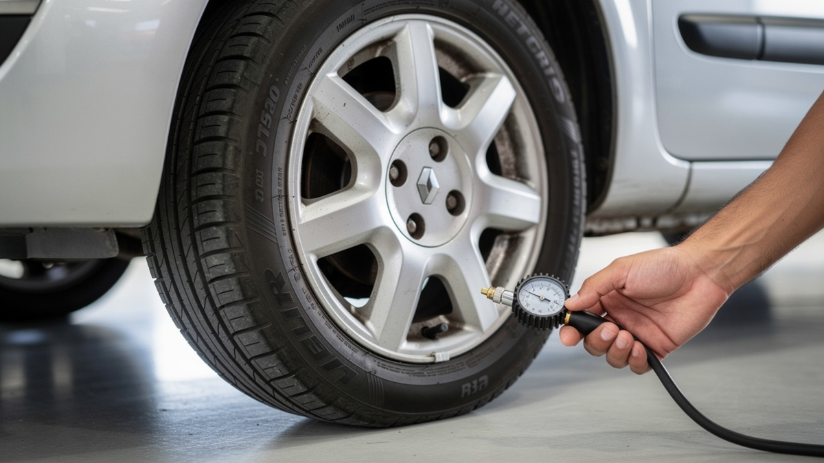 Contrôle de la pression d’un pneu sur une Renault Clio 2 avec un manomètre