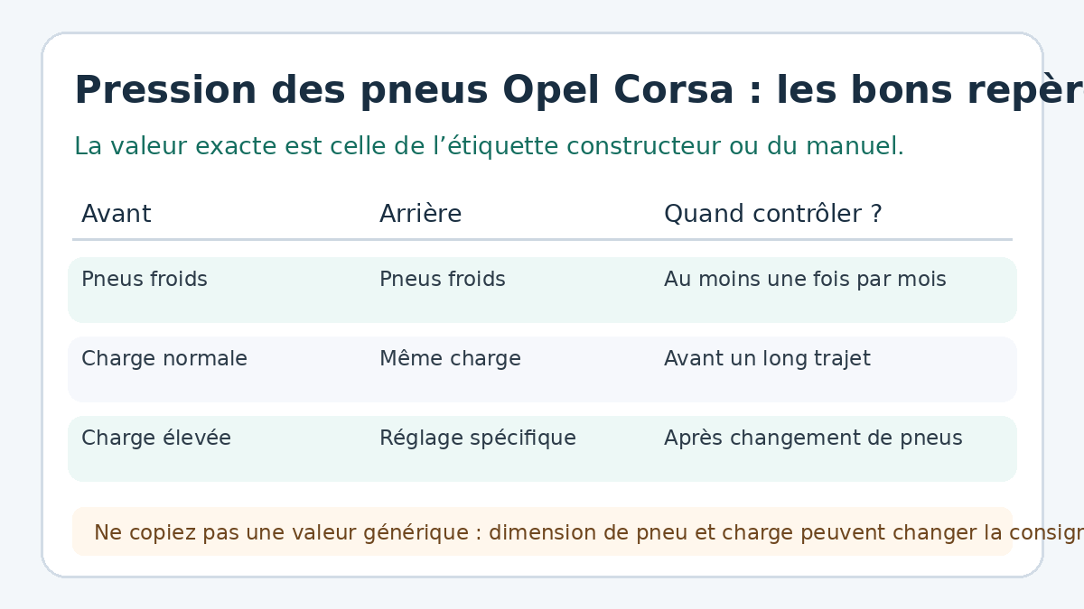 Repères pour contrôler la pression des pneus d’une Opel Corsa