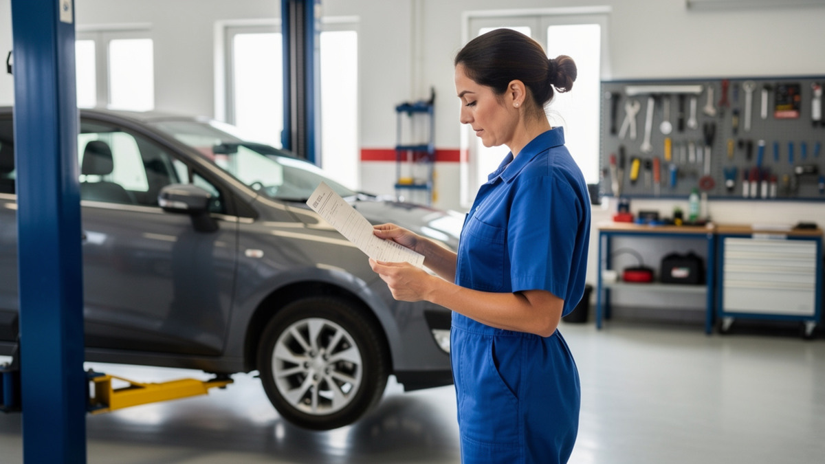 Mécanicienne consultant un ordre de réparation dans un garage automobile
