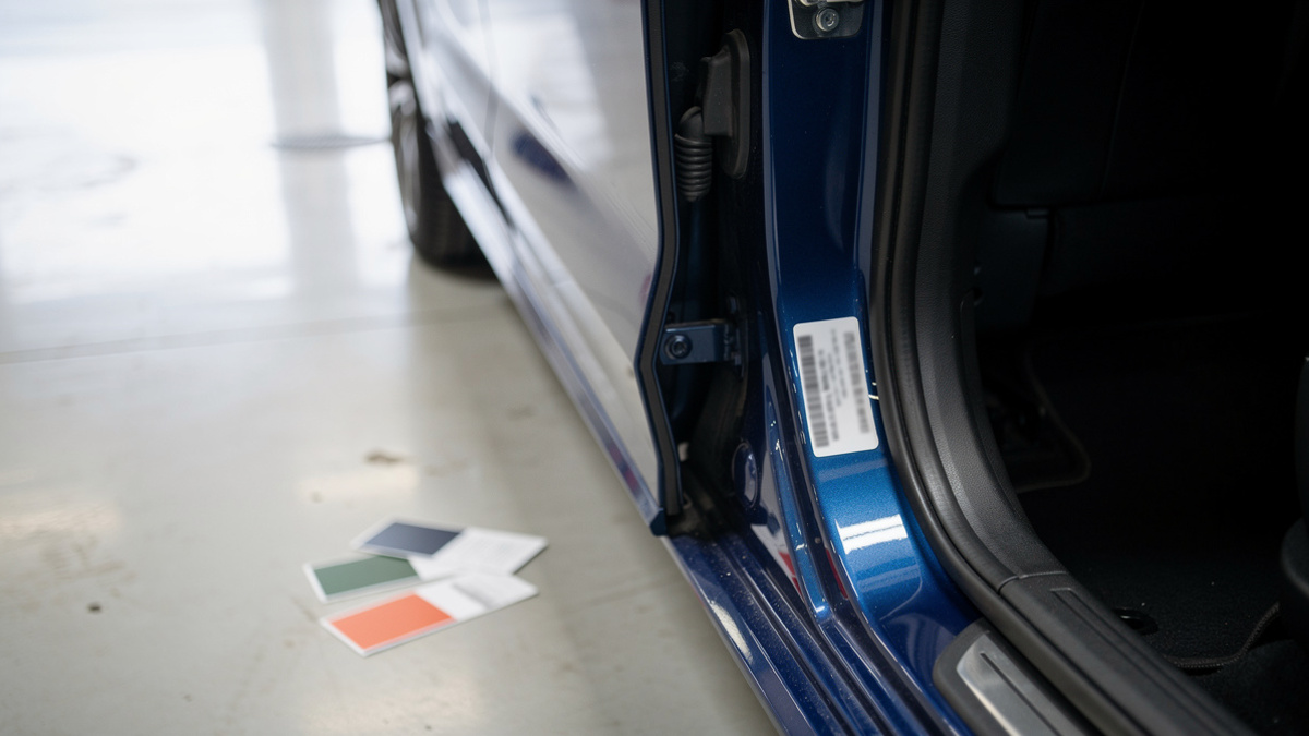 Étiquette de teinte sur le montant de porte d’une voiture, utile avec le VIN pour retrouver le code couleur