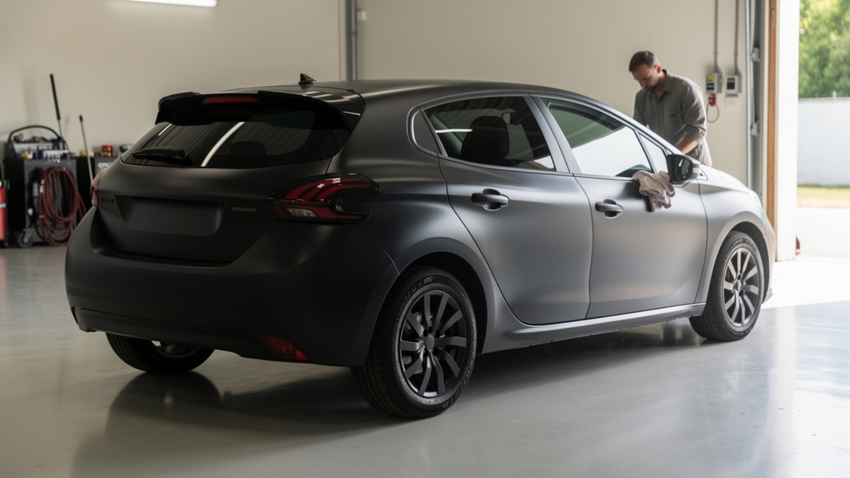 Voiture noir mat dans un atelier de detailing : vérifier l’état de la finition satinée