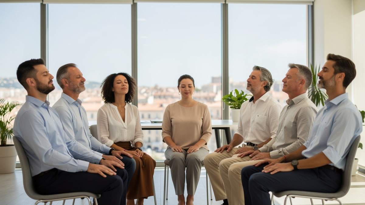 Atelier de yoga respiratoire en entreprise dans un bureau lumineux à Marseille