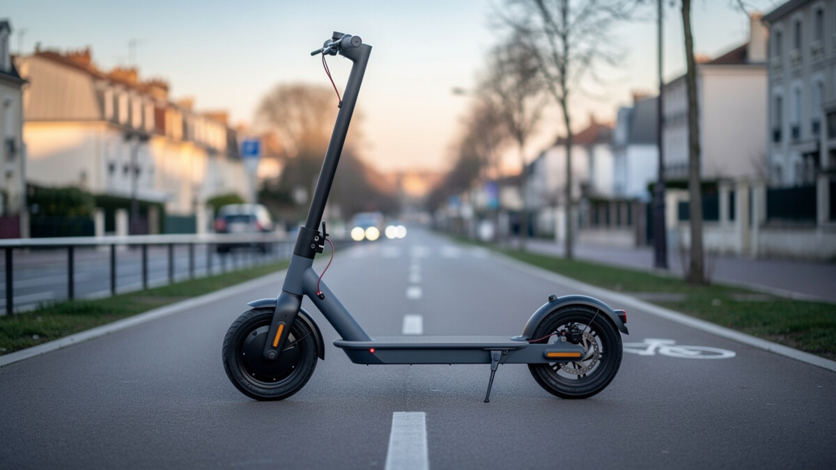 Trottinette électrique grise non marquée sur une piste cyclable urbaine