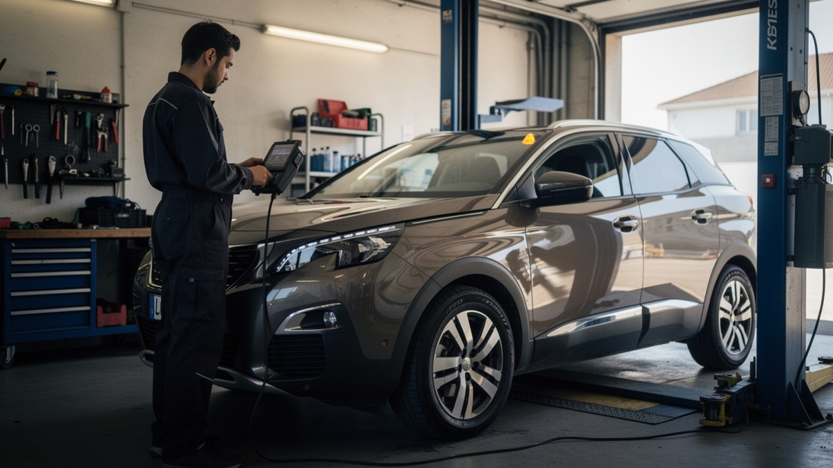 Mécanicien réalisant un diagnostic moteur sur un SUV Peugeot 3008 dans un garage