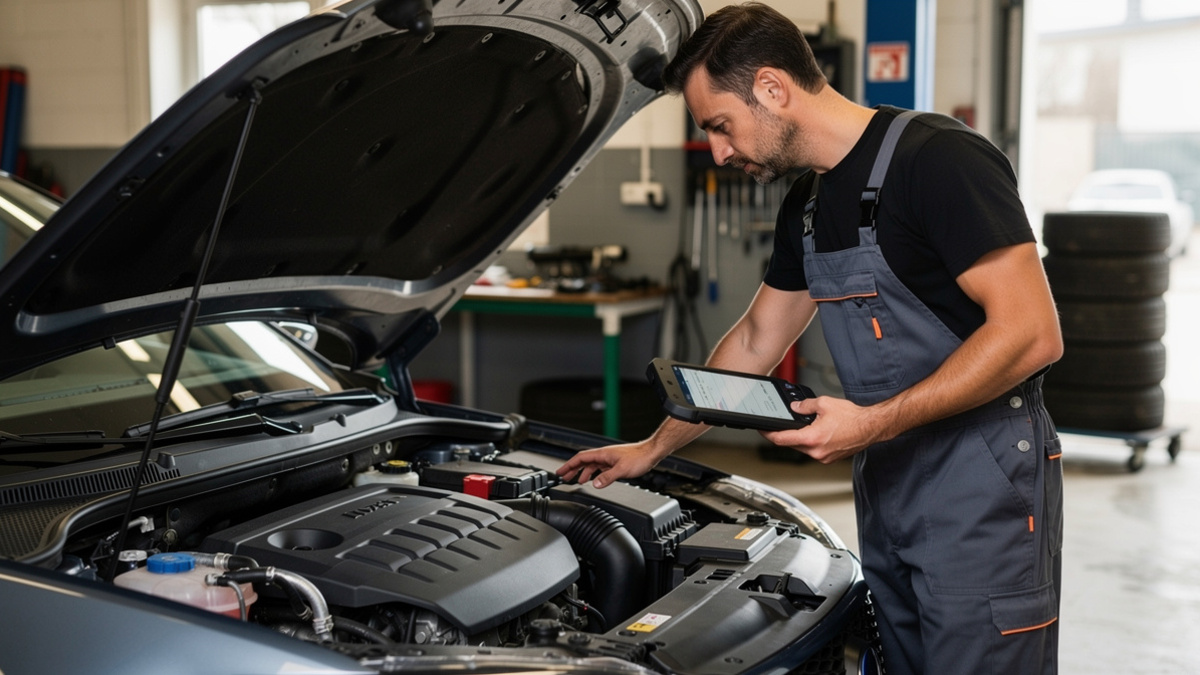Mécanicien réalisant un diagnostic moteur dans un garage