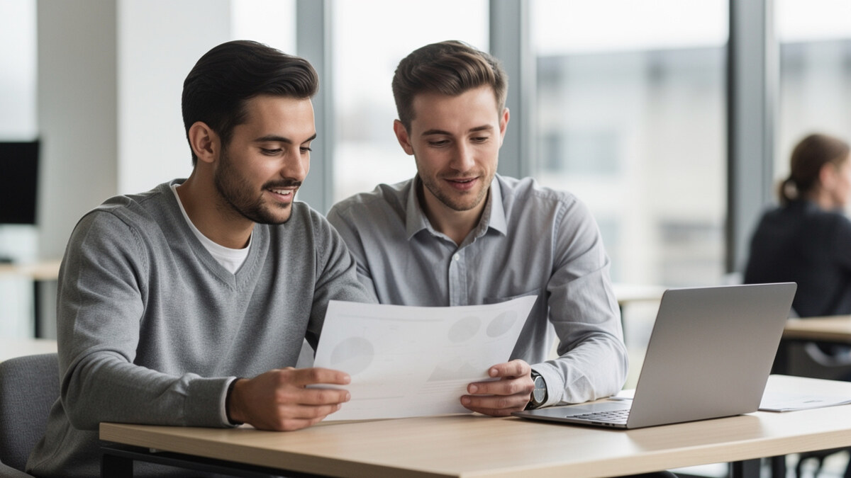 Deux salariés relisant ensemble un document d’épargne en entreprise
