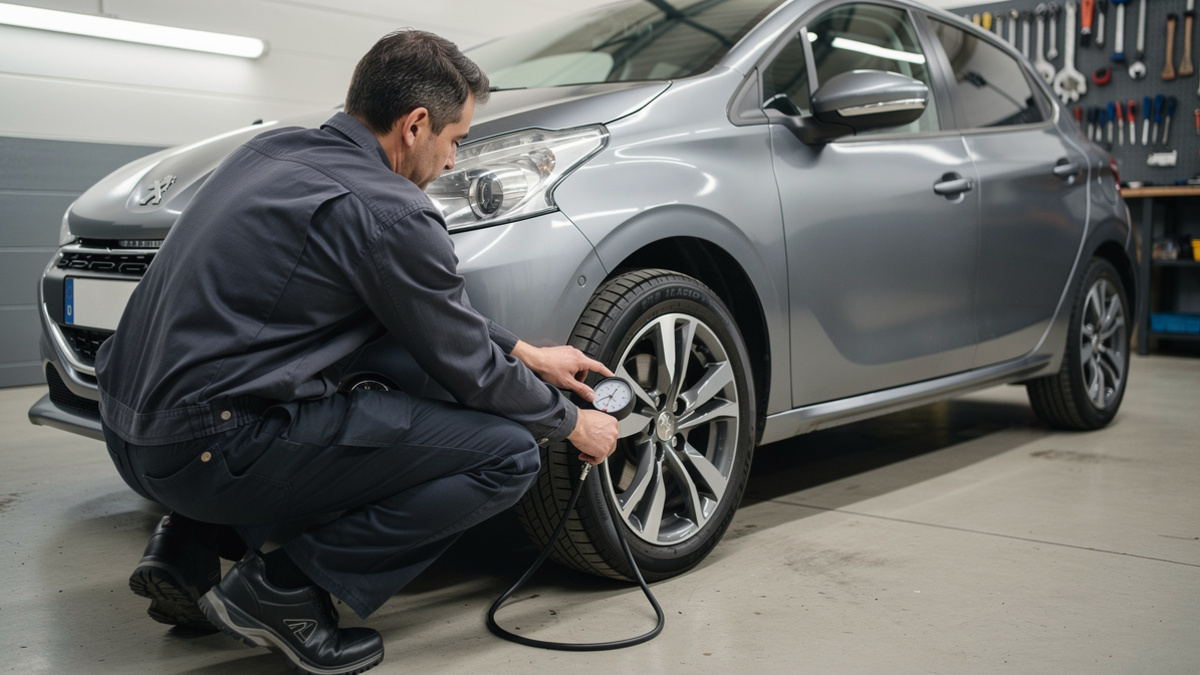 Contrôle de la pression d’un pneu sur une Peugeot 208 avec un manomètre