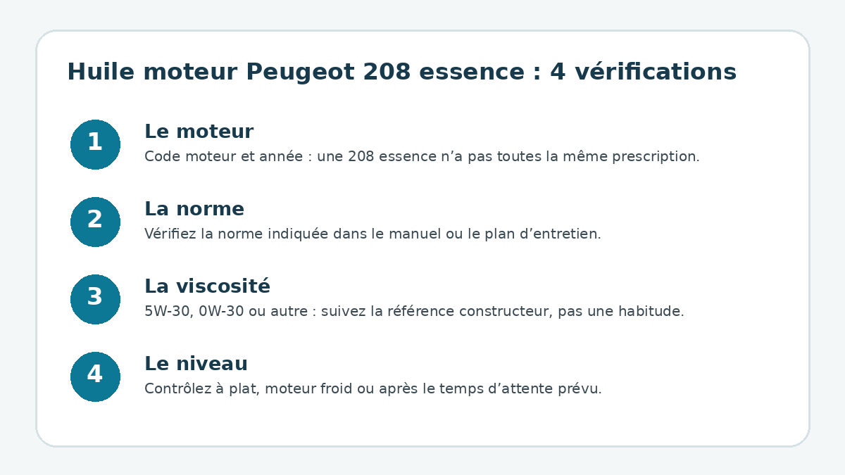 Quatre vérifications pour choisir l’huile moteur d’une Peugeot 208 essence