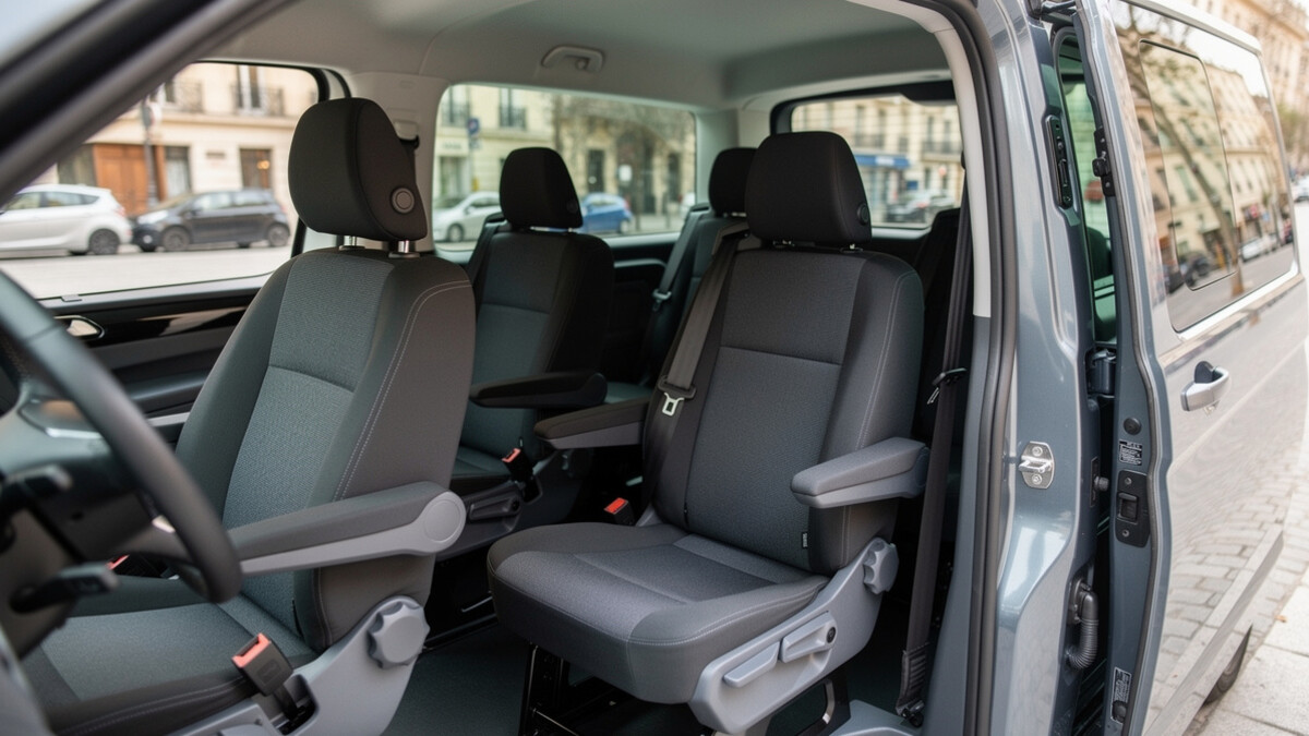 Intérieur d’un minibus avec plusieurs sièges passagers