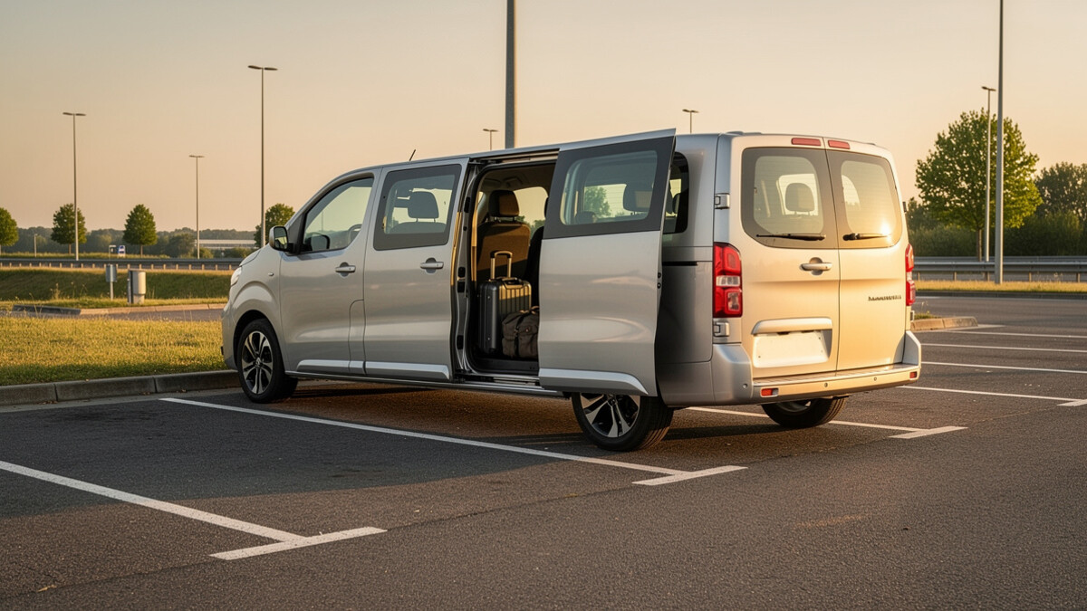 Minibus 9 places avec porte latérale ouverte prêt pour un trajet en groupe