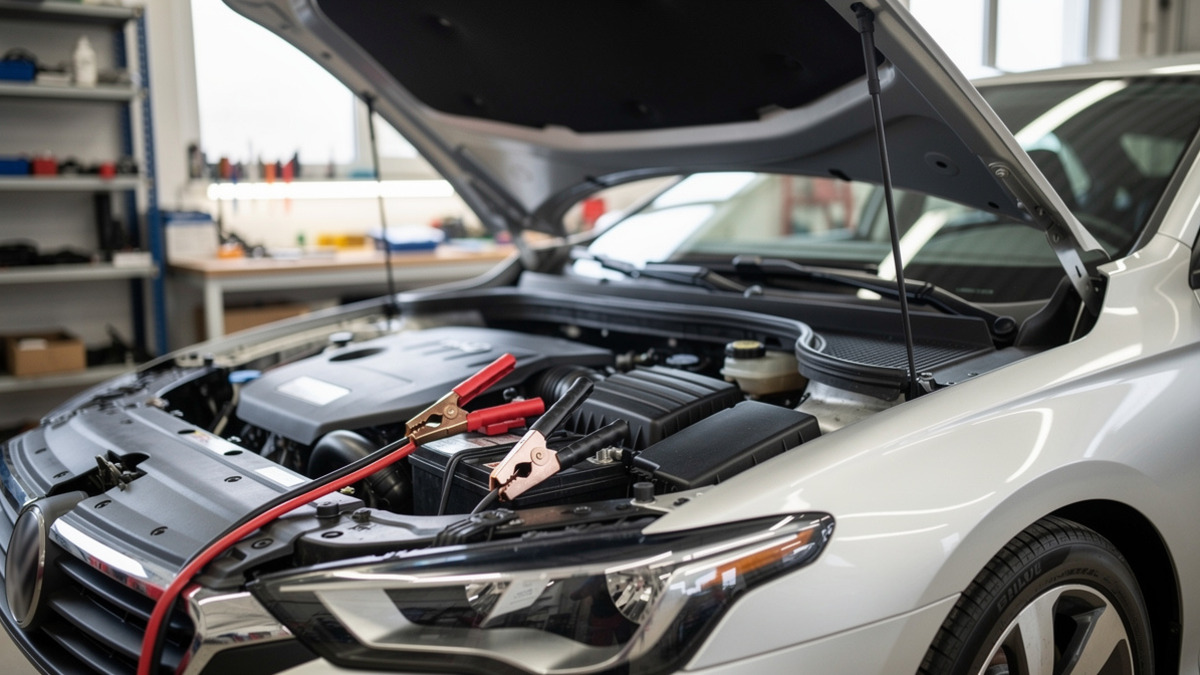 Capot ouvert et câbles de démarrage sur une voiture pour illustrer une vérification de batterie