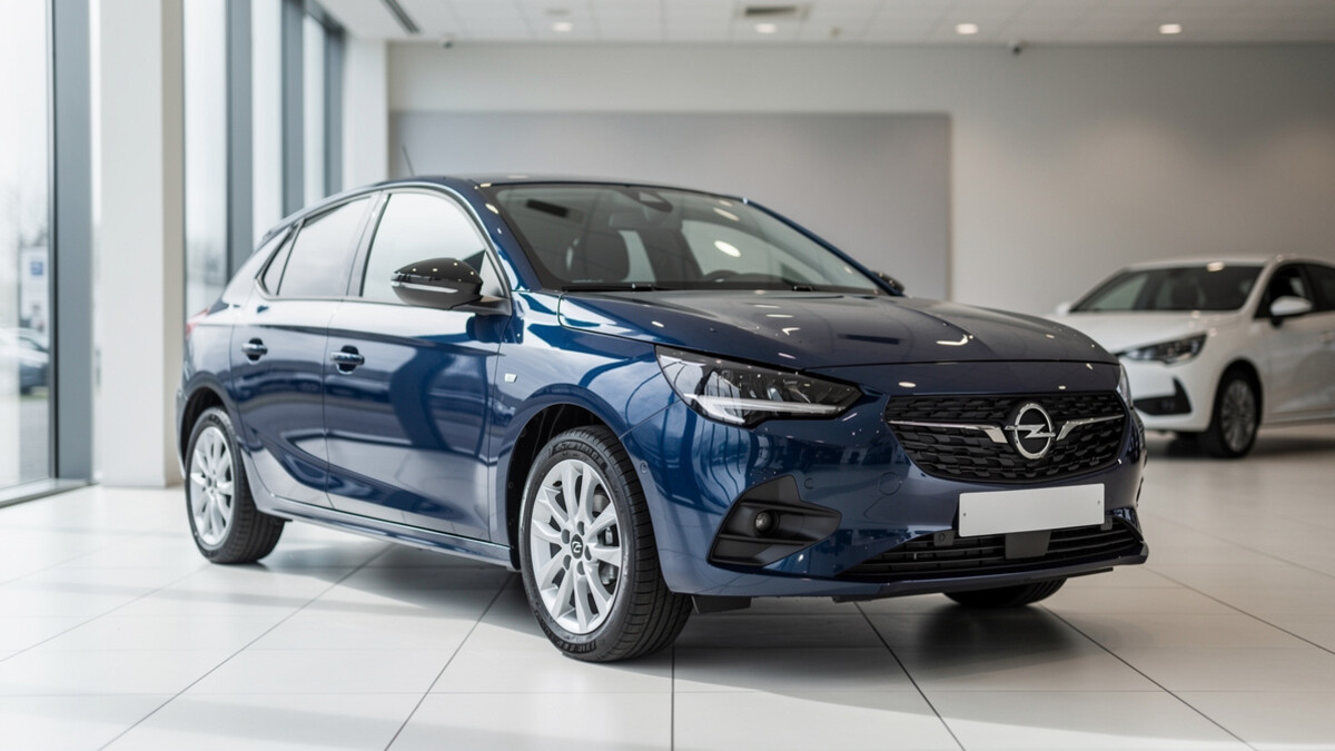 Opel bleue en concession pour illustrer les marques de voiture commençant par O