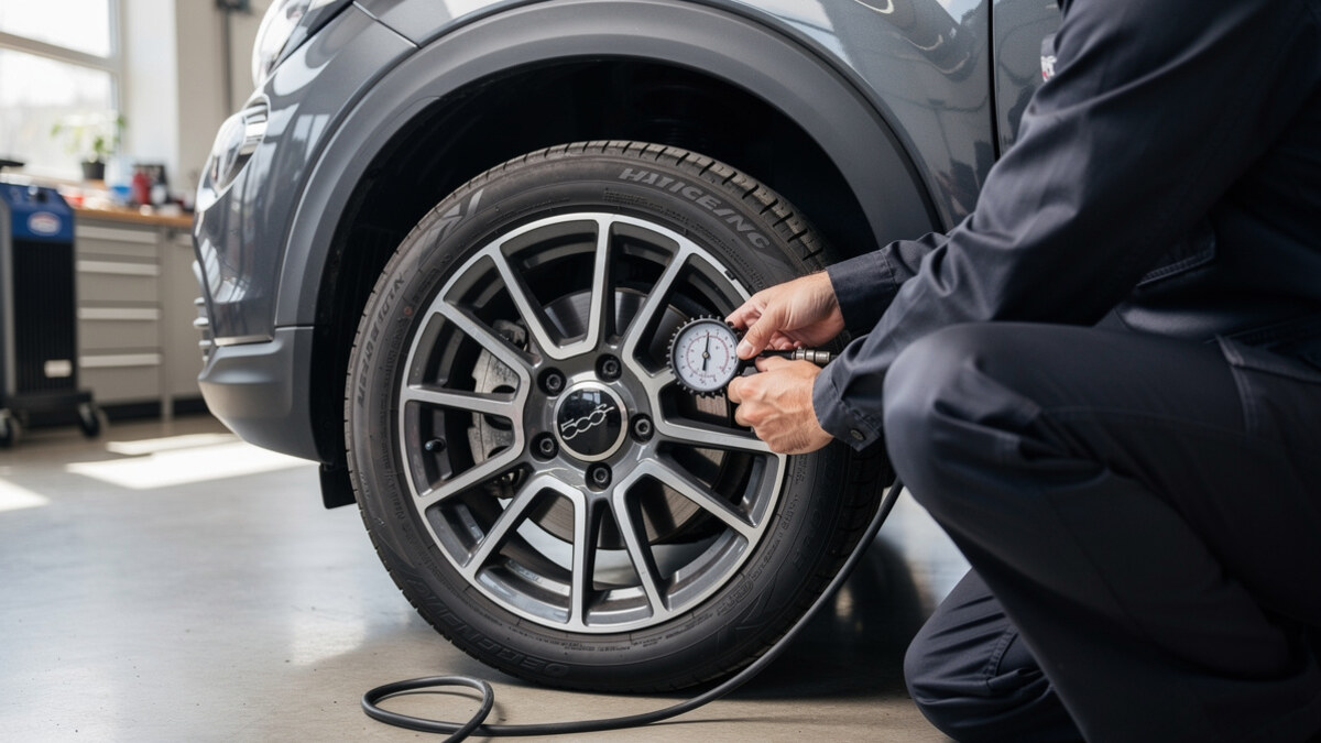 Contrôle de la pression d’un pneu sur une Fiat 500X dans un garage