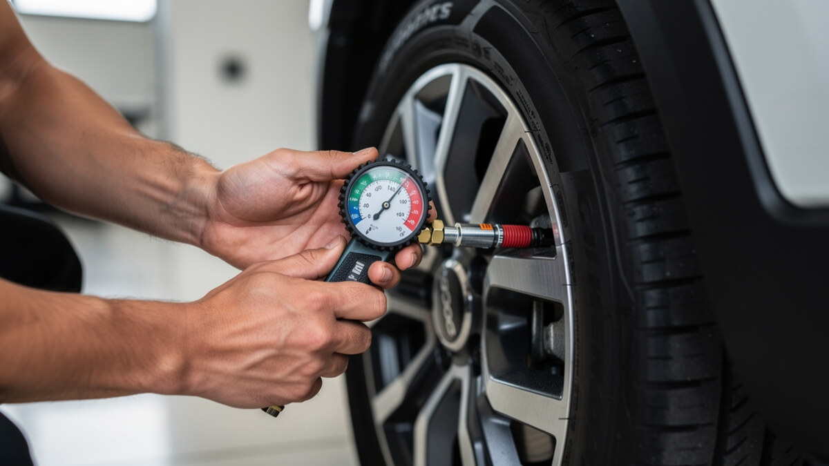 Manomètre raccordé à la valve d’un pneu de Fiat 500X