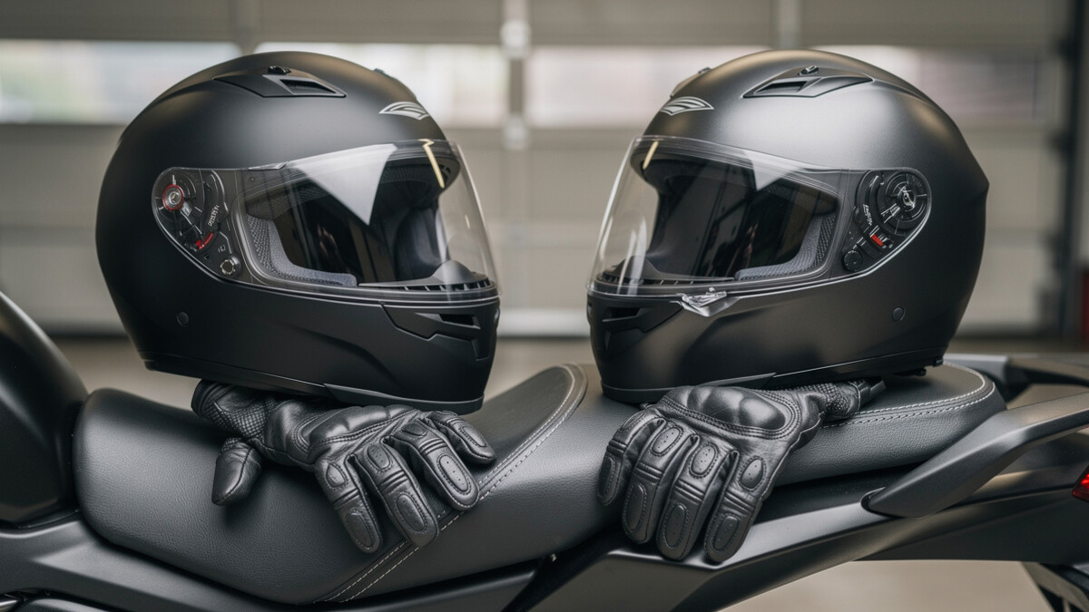 Deux casques de moto et des gants posés près d’une selle passager