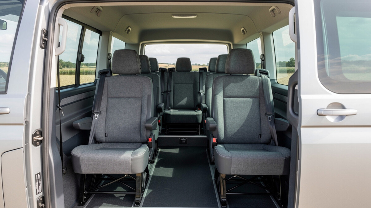 Intérieur lumineux d’un minibus 9 places avec rangées de sièges et allée centrale