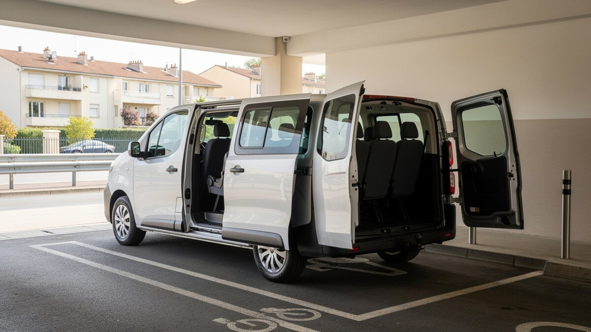 Minibus blanc stationné devant une entrée de parking pour illustrer une location de véhicule 9 places