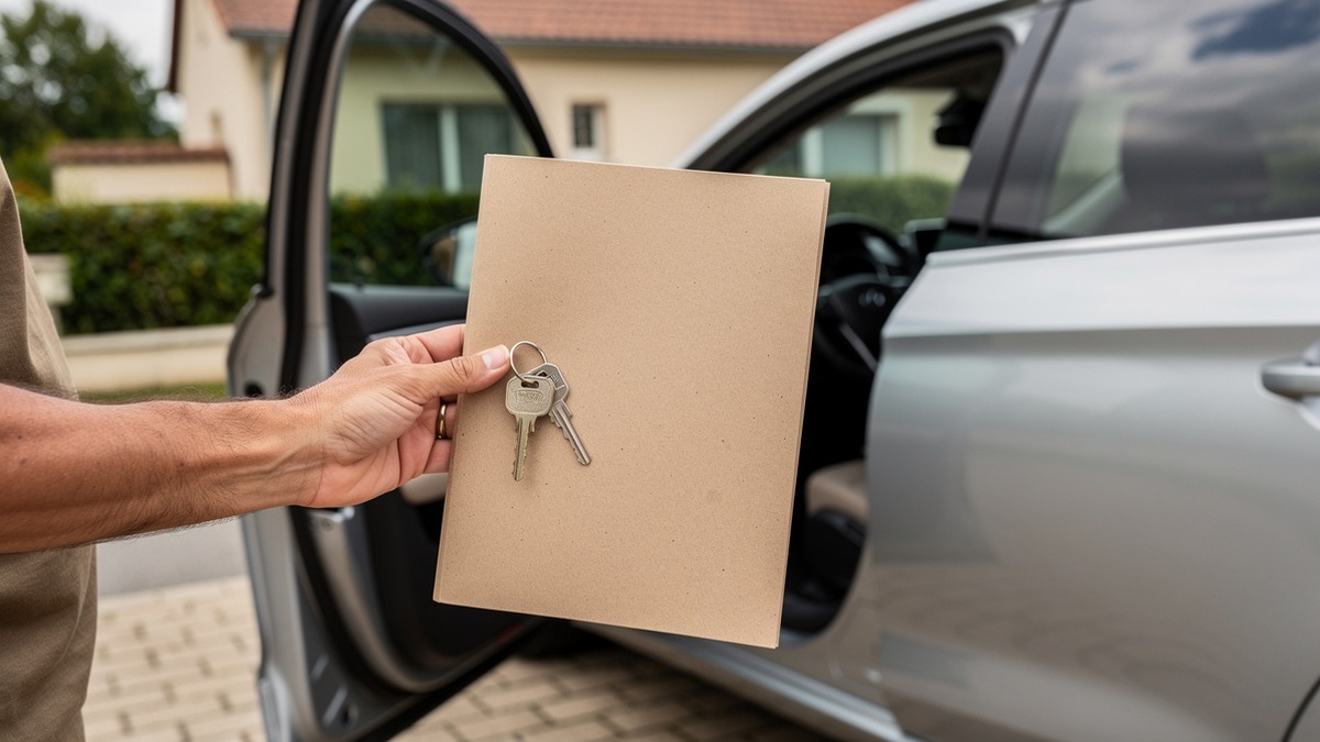 Clés et dossier fermé préparés pour vérifier les documents d’une voiture d’occasion