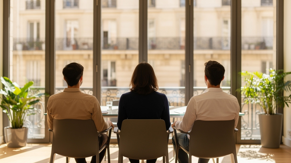 Collaborateurs assis dans une salle de réunion parisienne pendant une pause respiratoire