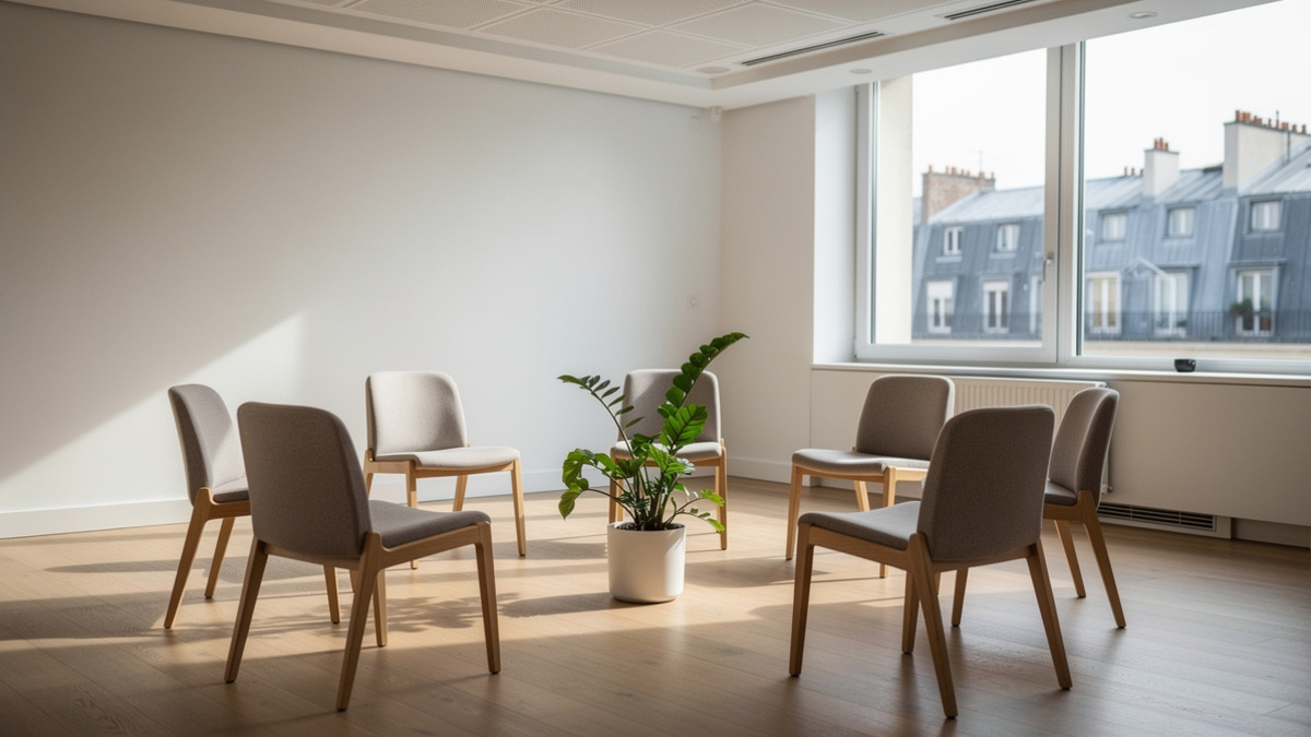 Salle de réunion parisienne préparée pour une pause respiratoire en entreprise